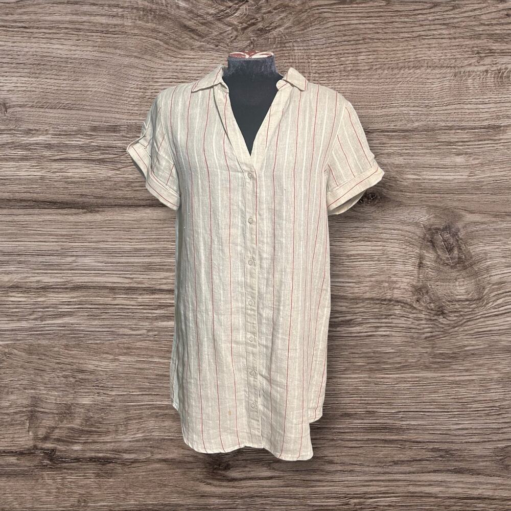 Maven West Linen Striped Tan Red Cream Short Sleeve Shirt Dress Striped XS